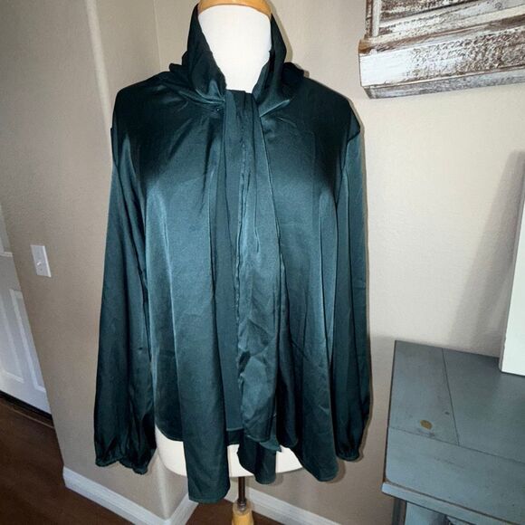 NWT Anne Klein Womens Satin Tie Neck Bow Long Sleeve Blouse Emerald Green XL - Picture 3 of 14